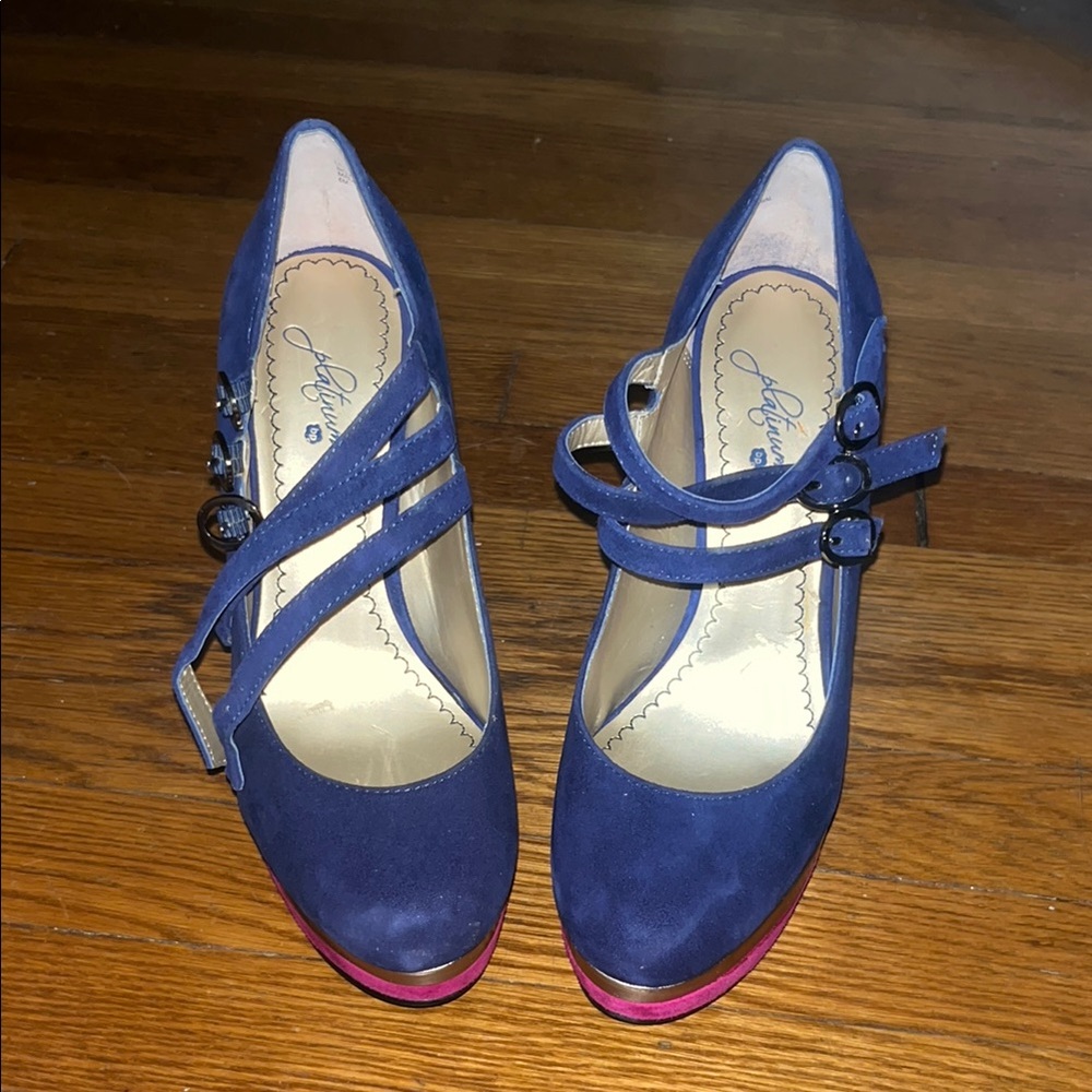 Blue Suede Heels with Pink Soles